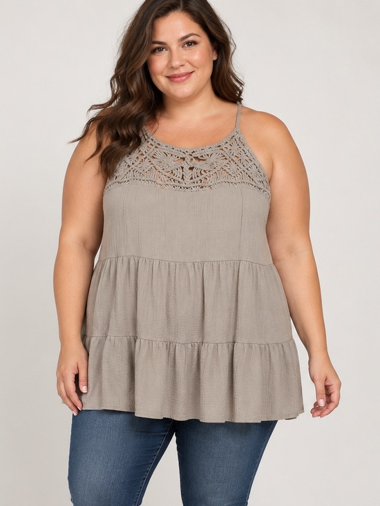 torrid Tops - TORRID Taupe Macrame Crochet Neckline Tiered Cami Tank Top Size 2